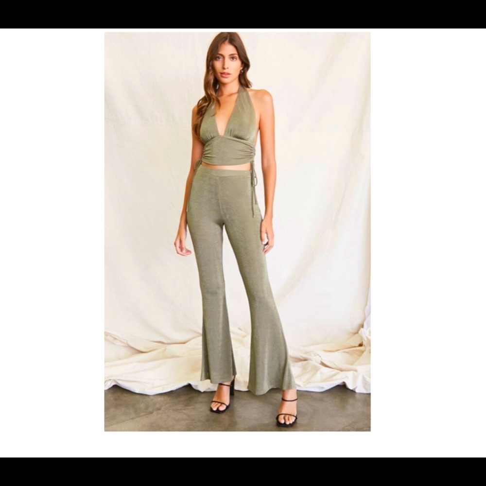 Halter Crop Top & Flare Pants Set Olive